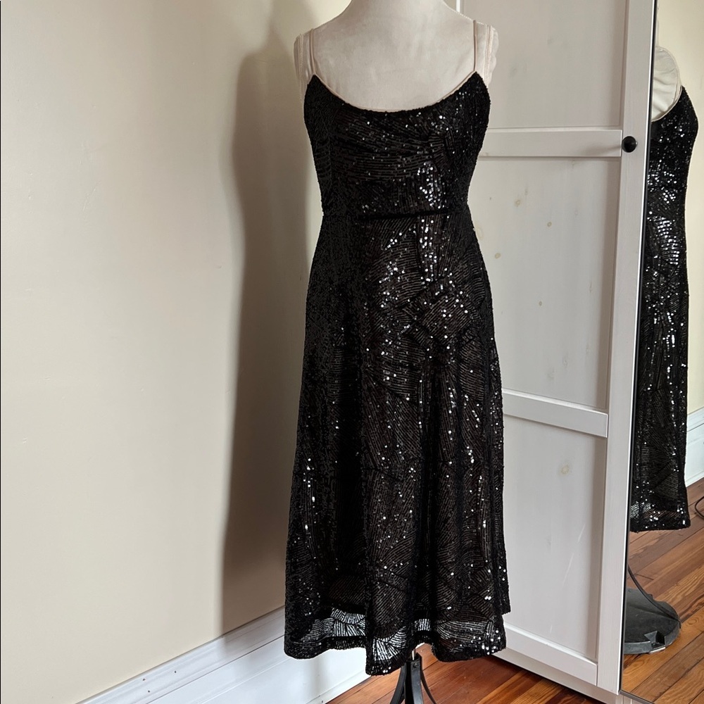 LOFT Black Shimmer Sequin Midi Cocktail Wedding Guest Evening Dress - Black 8 - Picture 5 of 14
